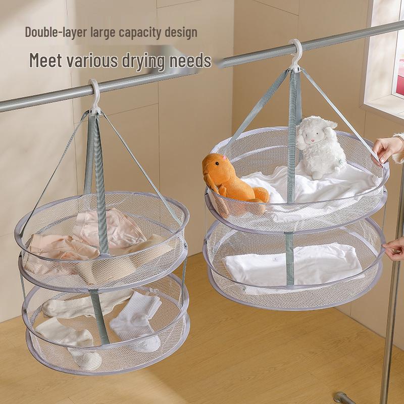 Foldable Double-Layer Drying Basket for Underwear, Socks, and Sweaters - Flat Mesh Hanging Bag.