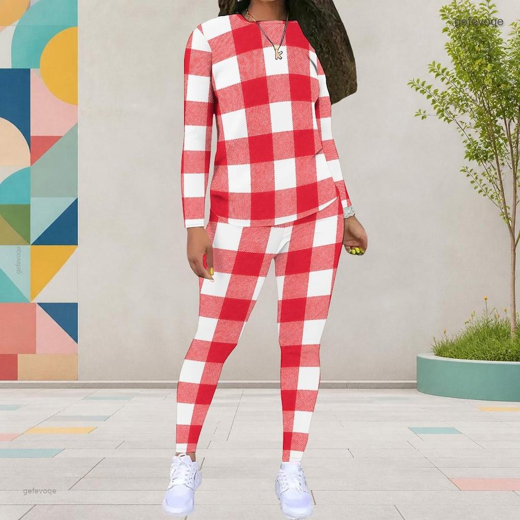Women Plus Size White Printed Round Neck Long Sleeve Top Fitted Pants Two Piece Set