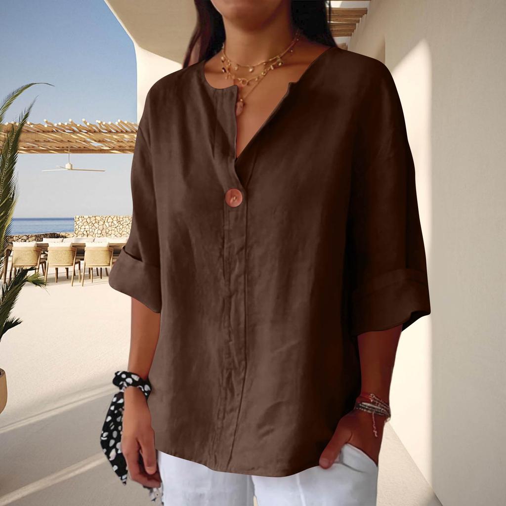 Women V Neck Button Up Three Quarter Sleeve Cotton Linen Blouse Loose Fit Casual Top for Everyday Wear