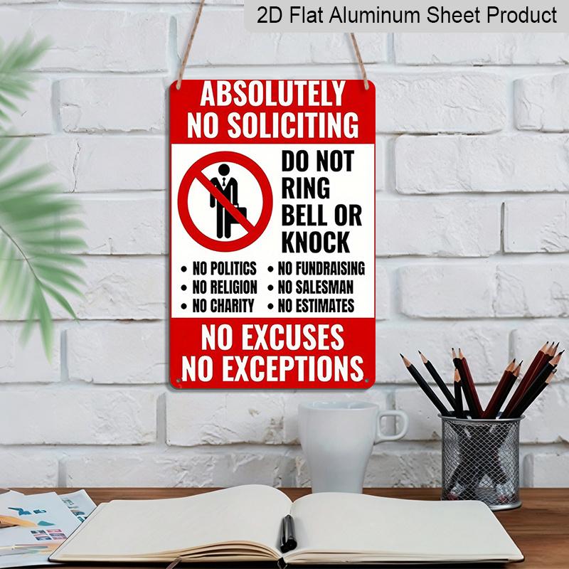 2D Flat, 1pc Vintage "No Soliciting" Metal Door Sign - Aluminium No Knock/No Ring Bell Decoration, 8x12 Inch - "Do Not Ring Bell or Knock" Message