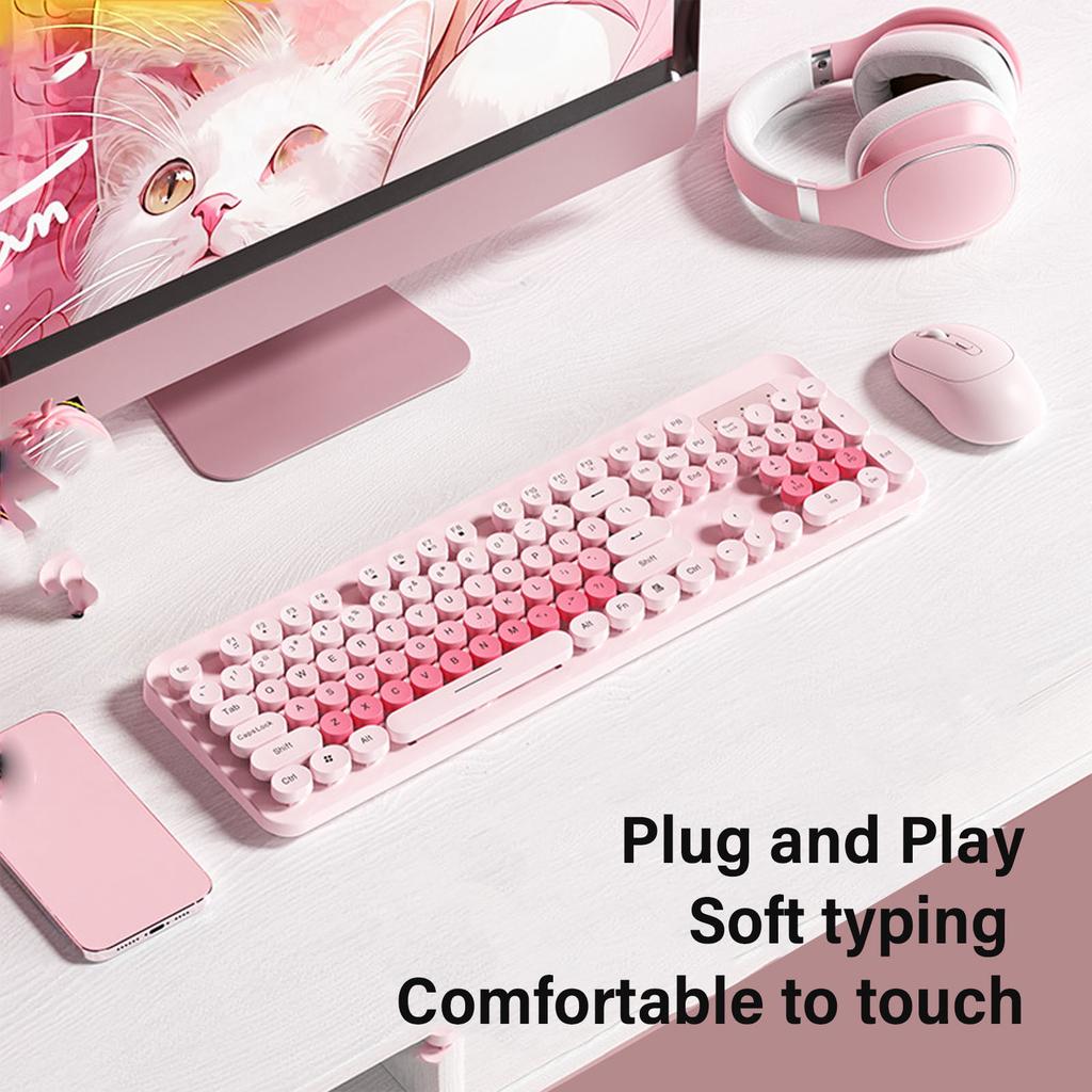 Wireless Cute Keyboard and Mouse 104 Keys Typewriter  Retro Round Keycaps Keyboard for PC Laptop Desktop Wireless Keyboard