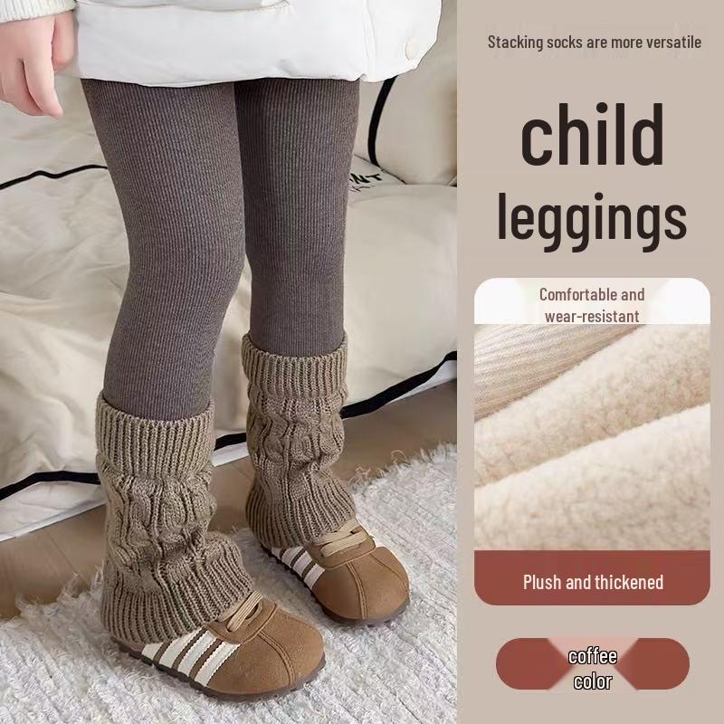 Trendy Girls' Fleece-Lined Cable Knit Patchwork Leg Warmers - Thick Lambswool Vertical Stripe Warm Pants