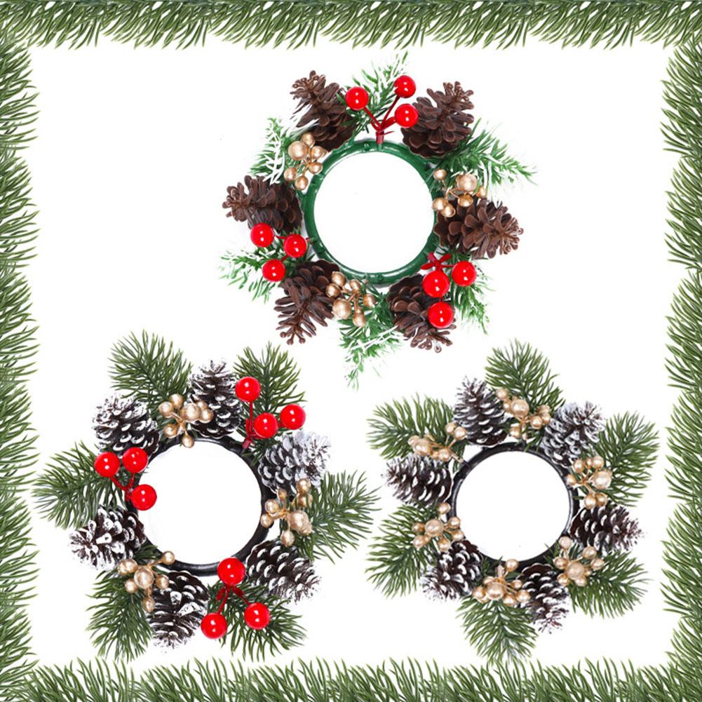 Christmas Candle Rings Wreaths Artificial Norfolk Pine Branches Red Berry Branch Candle Holder Rings Decoration for Centerpieces