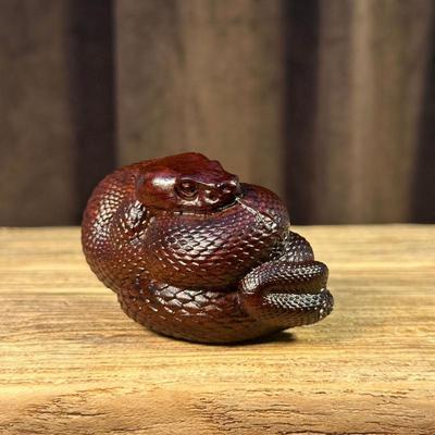 Ebony Wood Exquisitely Carved Green Snake Zodiac Desktop Ornament