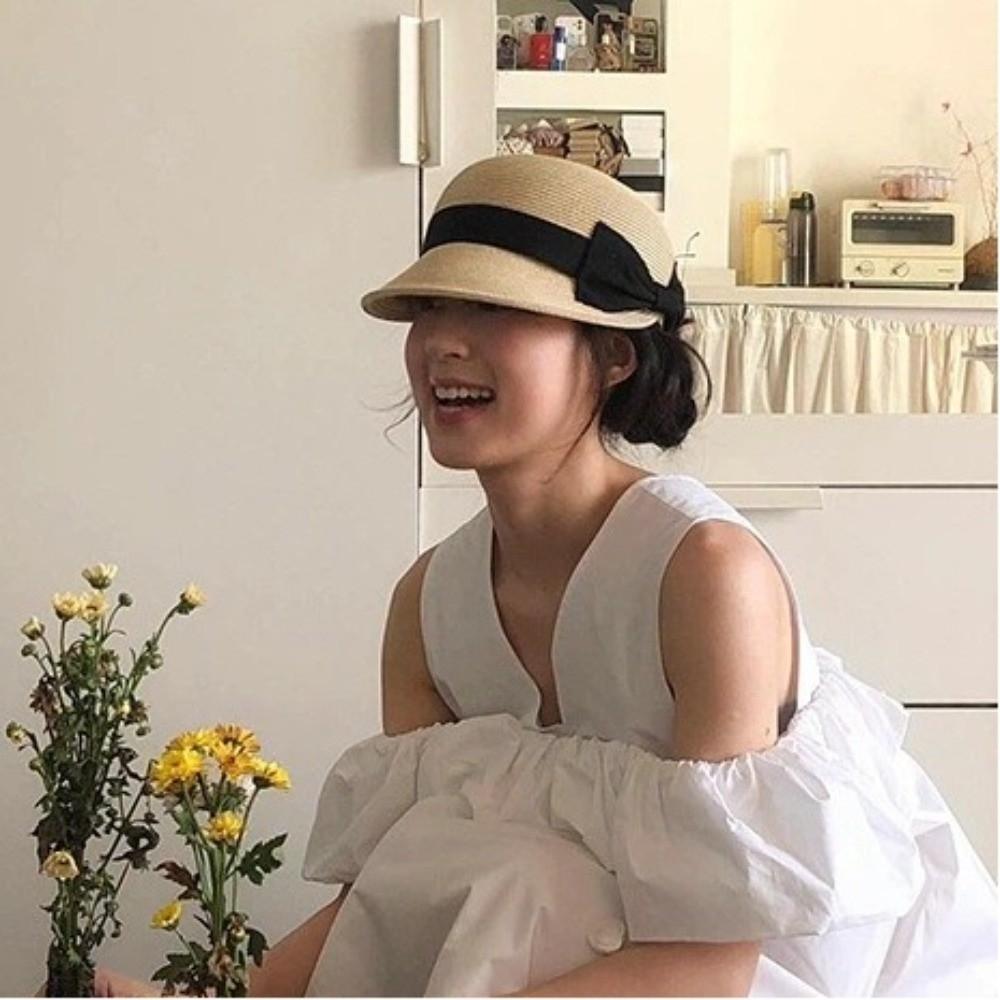 Grass Woven Shading Cap Sun Protection Bow Straw Cap Elegant Sun Hat  Outdoor