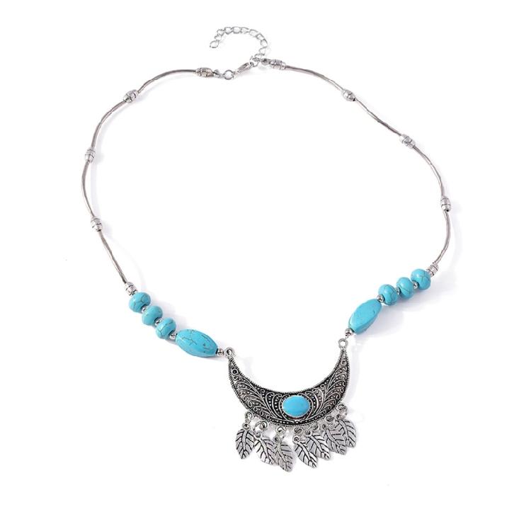 Fashionable Turquoise Necklace with Leaf Tassels Details Ethnic Style Jewelry for Everyday Outfits and Celebrations