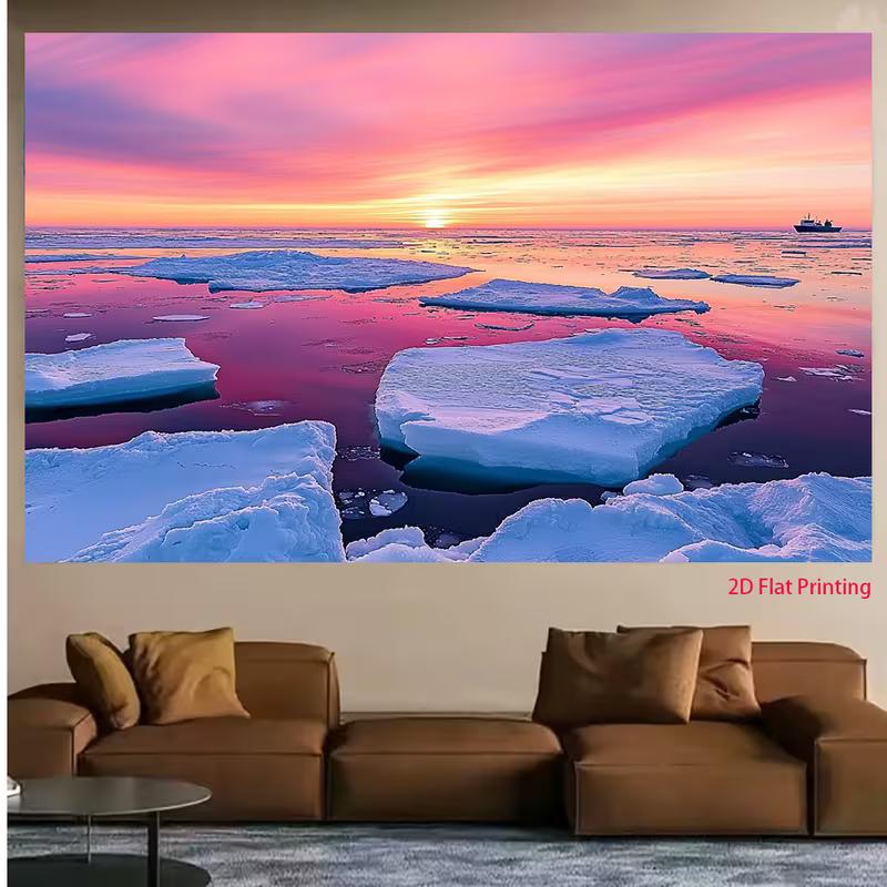 2D Iceberg Ocean Landscape Backdrop, Pink Sky Arctic Photography Background Cloth