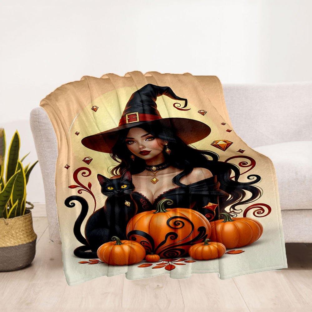 Halloween Witch with Black Cat and PumpkinsBlanket Flannel Throw Blanket for Sofa, Bed, Travel, Camping, Office, Couch, Chair