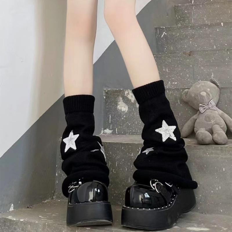 Pierneras Lolita para Niñas Y2K Estrella Tejidas Mangas de Pierna Acampanadas Puño Holgado Gótico Calcetines Tobillo Montón Cubre Pies Uniforme JK