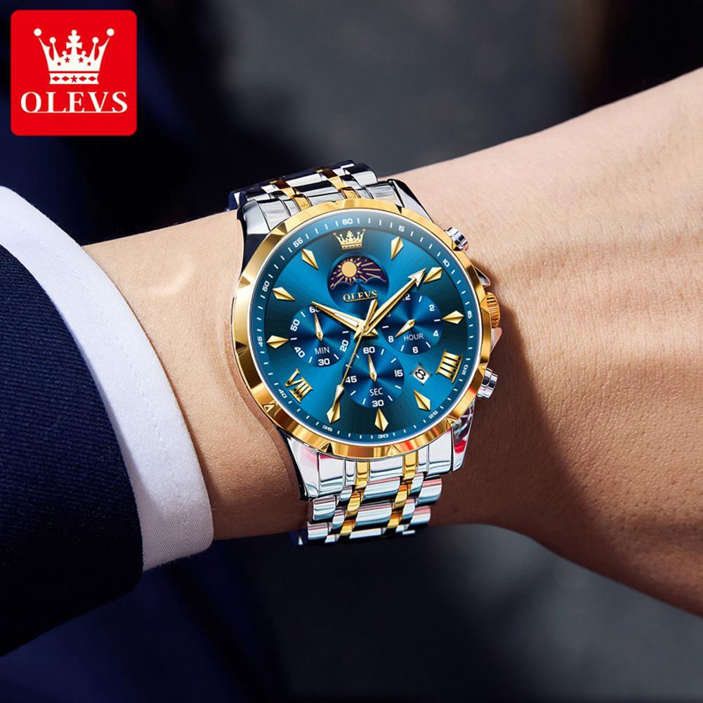 OLEVS Original Chronograph Quartz Watch For Men Moon Phase Stainless Steel Waterproof Man Watch Date Fashion Wrist Watch