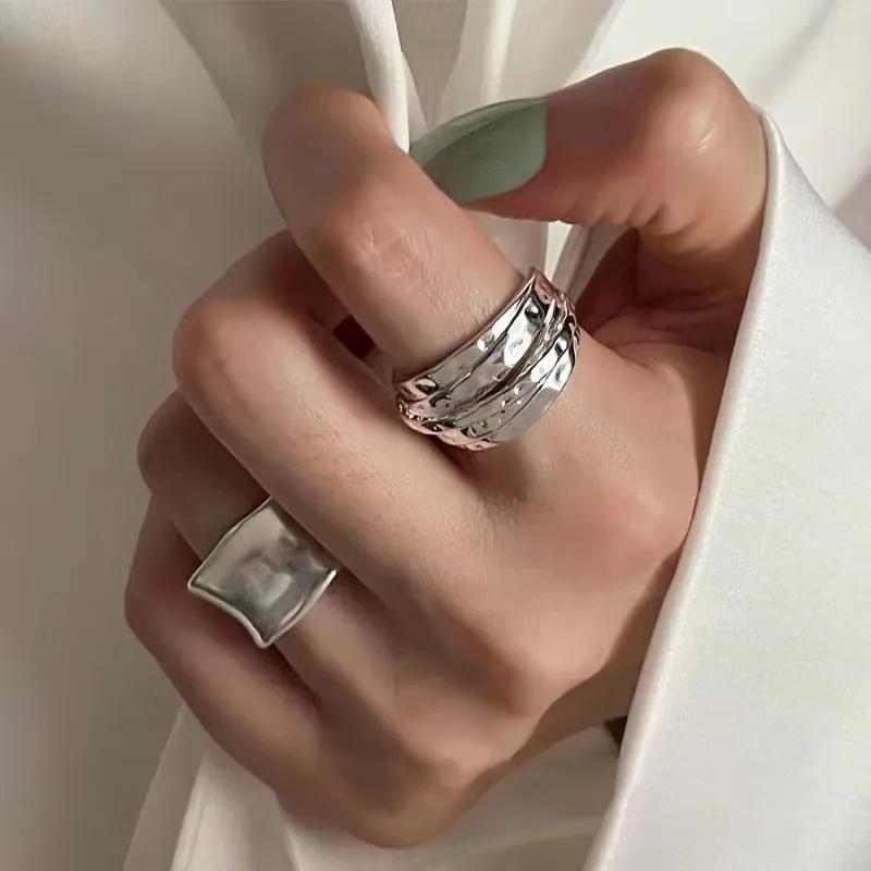 2PCS 925 Silver Ring for Women Jewelry Wide Simple Open Ring Vintage Handmade Ring Allergy for Party Birthday Gift