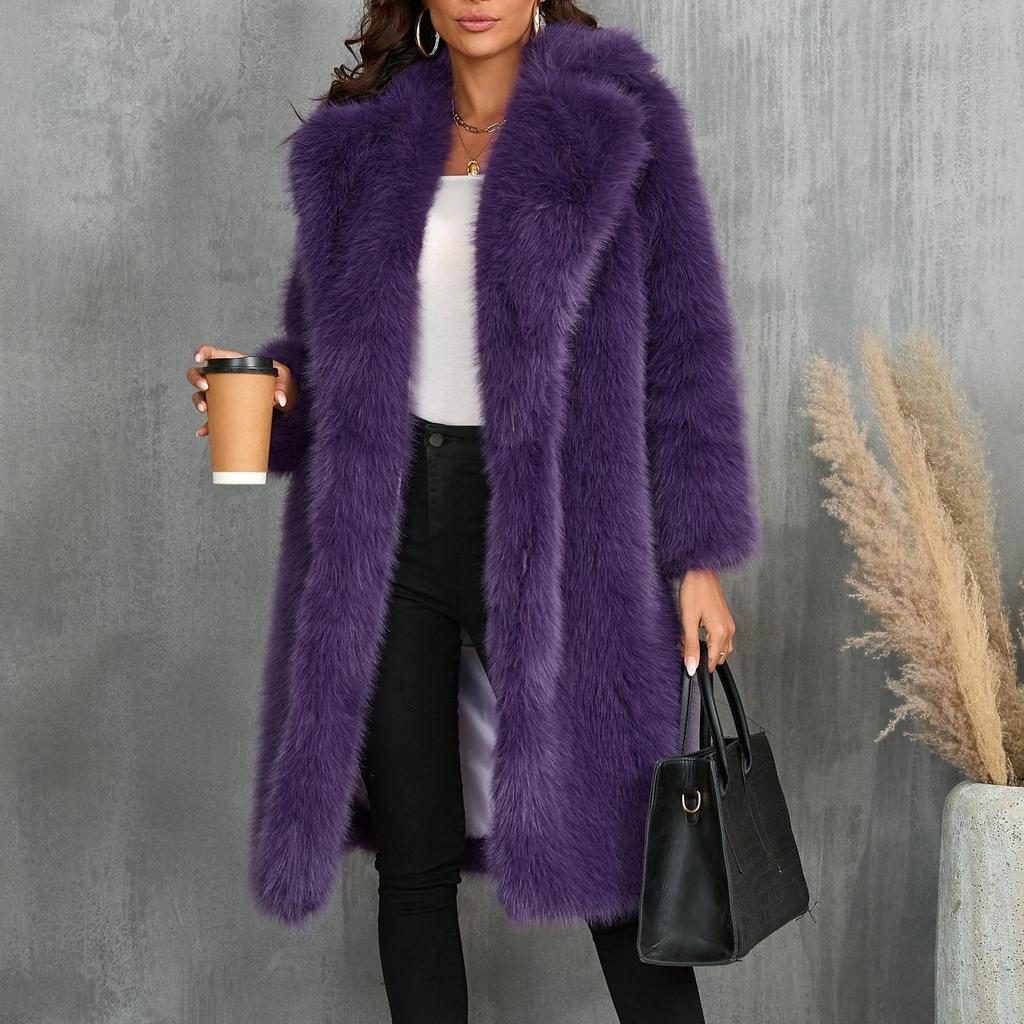 Women's Fashion Comfortable Faux Mid-Length Thickened Suit Collar Coat Top Plush Warm Coat