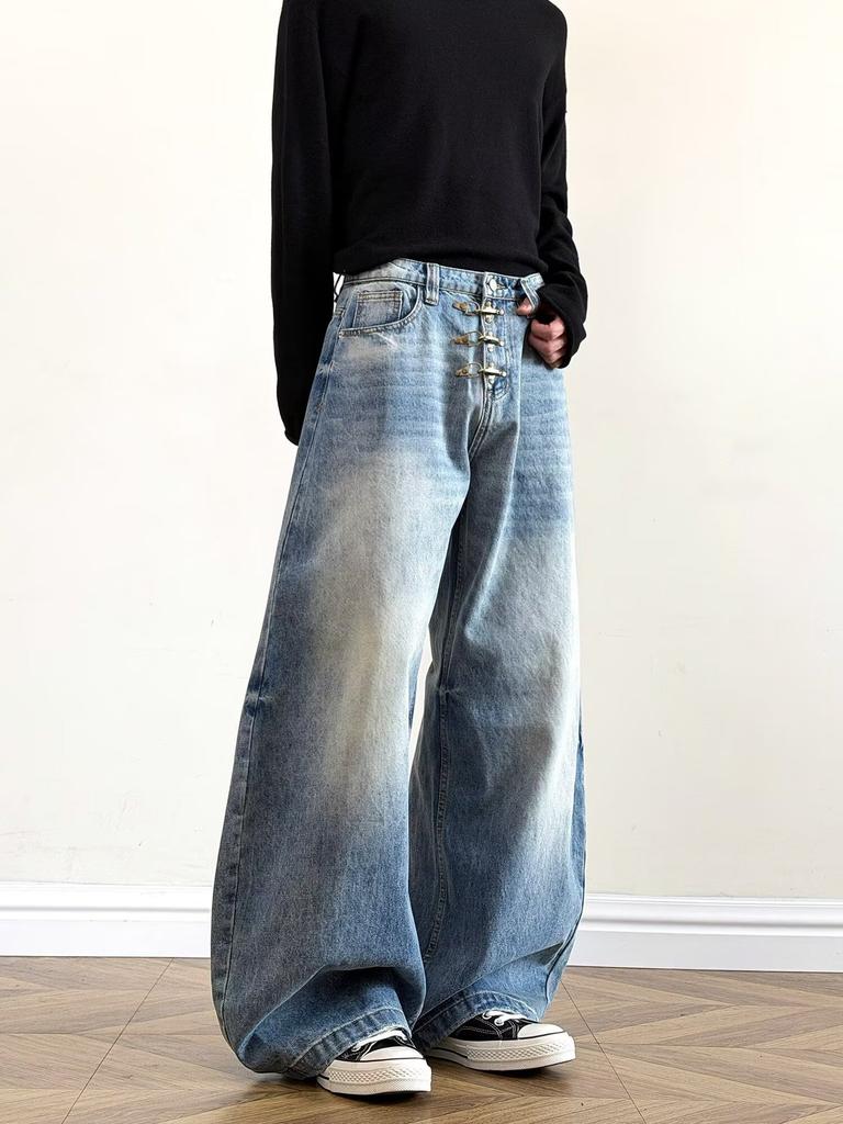 American vintage washed distressed curved knife jeans for men and women, slimming silhouette, loose floor-length wide-leg casual pants