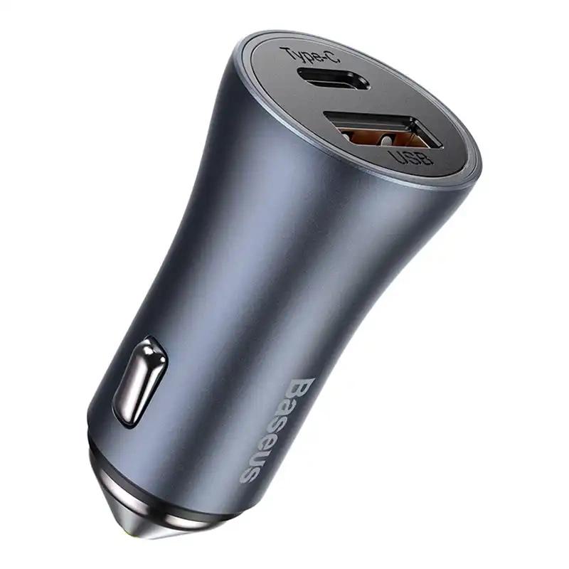 Ładowarka Samochodowa Baseus Golden Contactor Pro, Usb + Usb-C, Qc4.0+, Pd, Scp, 40W (Szara) + Kabel Usb Do Usb-C 1M (Czarny)