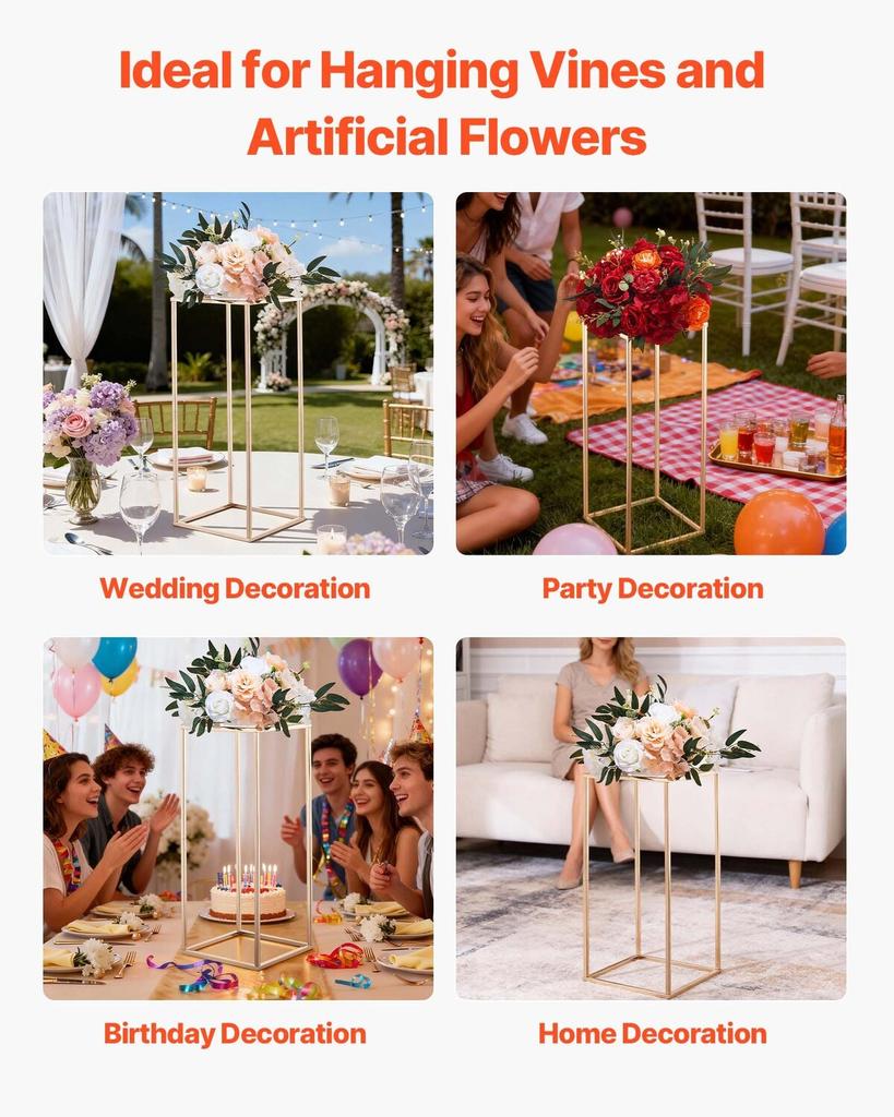 Wedding Flower Stand, 10PCS 60cm Column Flower Stand, Floral Stands with Metal Laminate, Gold Rectangular Floral Display Rack for Wedding, Party,