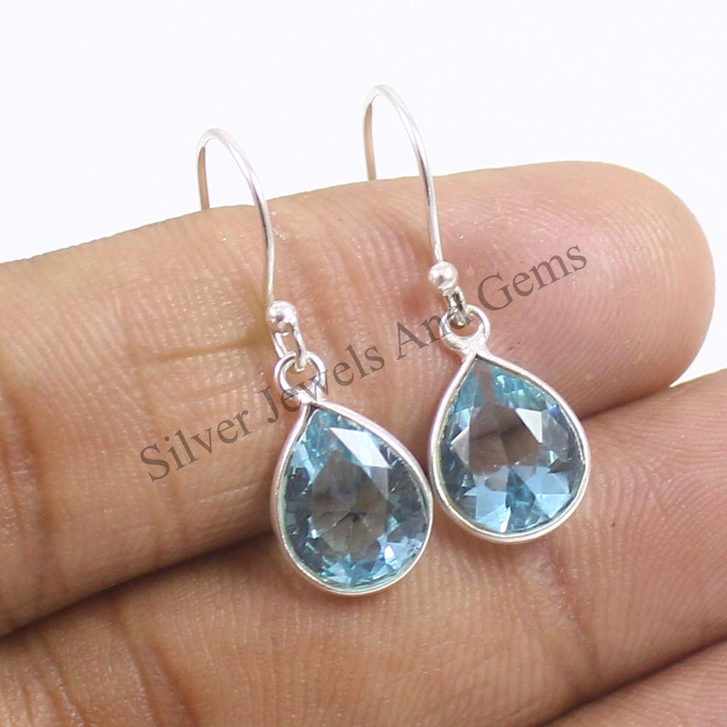 Natural Blue Topaz Earrings, Handmade Earrings, 925 Sterling Silver, Teardrop Blue Topaz Earrings, Gift for her, Dangle-Drop Earrings