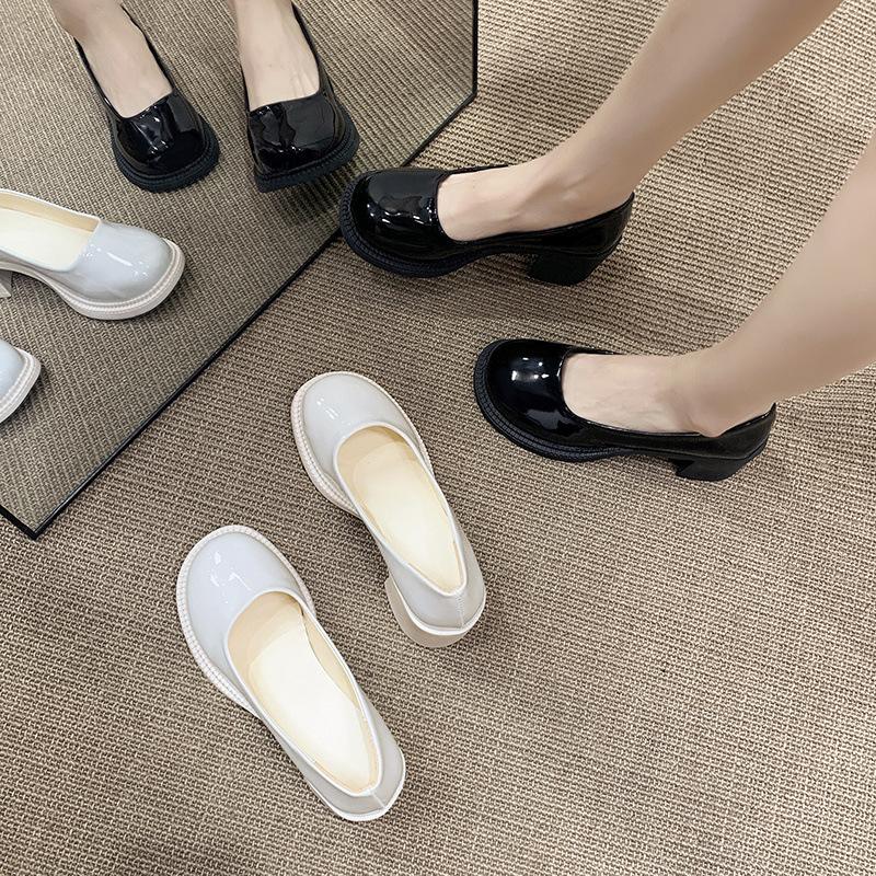 Size 35-43, Large Size Women's Shoes Round Head Soft Sole Non-slip Single Shoes Women's Thick Heel Mary Jane High Heels 41 Small Leather Shoes