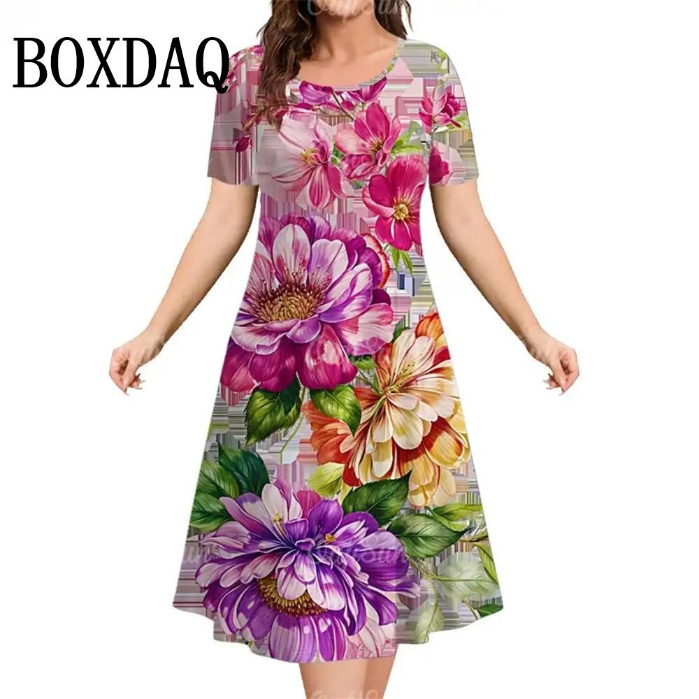 

Летние женские платья с круглым вырезом и коротким рукавом с 3D-принтом и красными цветами, свободные платья больших размеров, новое платье 3XL