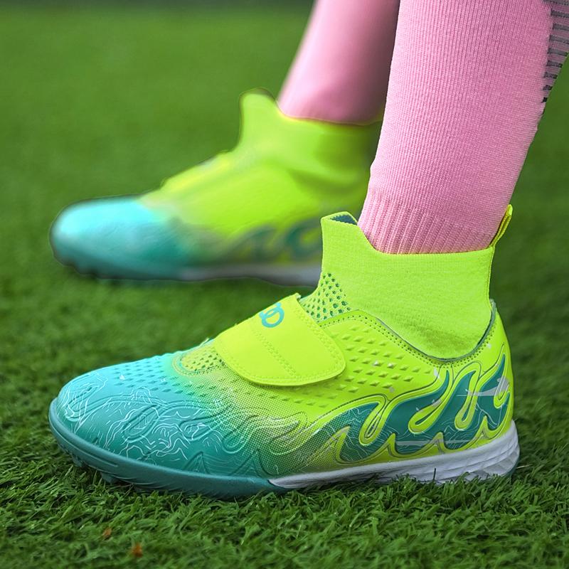 High Quality Turf Soccer Shoes Boys Girls High Top HOOK&LOOP Kids Futsal Sneakers Fashion Green TF Football Boots For Children