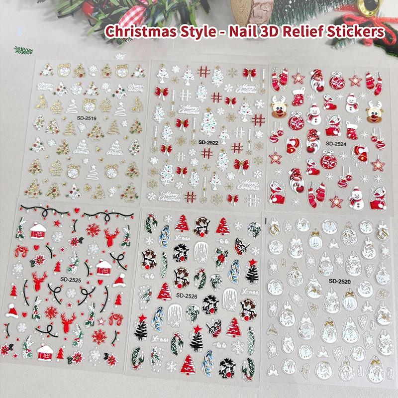 5D Geprägte Weihnachts-Nagelsticker Weihnachtsbaum, Schneeflocken, Elch, Schneemann Nagelaufkleber Herbst Winter Nagelzubehör Dekoration