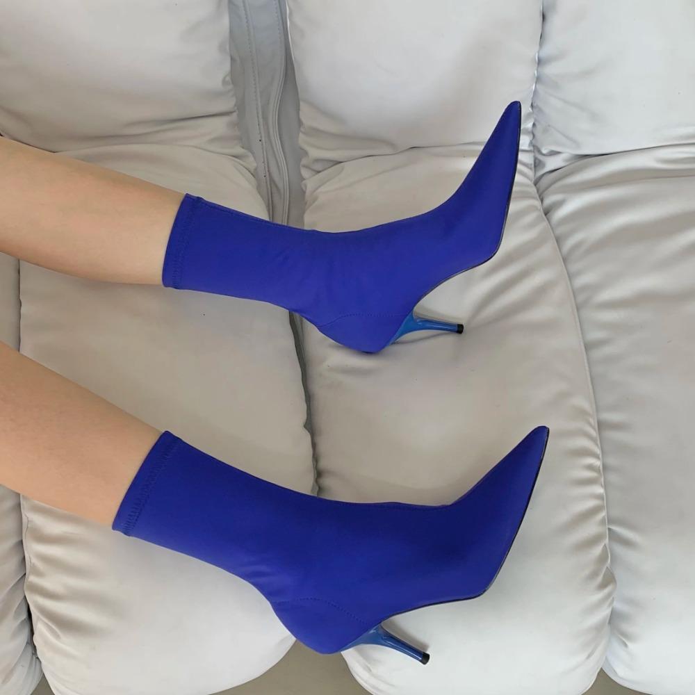 Stivali alla caviglia da donna in tessuto elasticizzato Autunno Primavera Punta appuntita sexy Tacco alto Moda Calzini da donna Scarpe con tacco a spillo