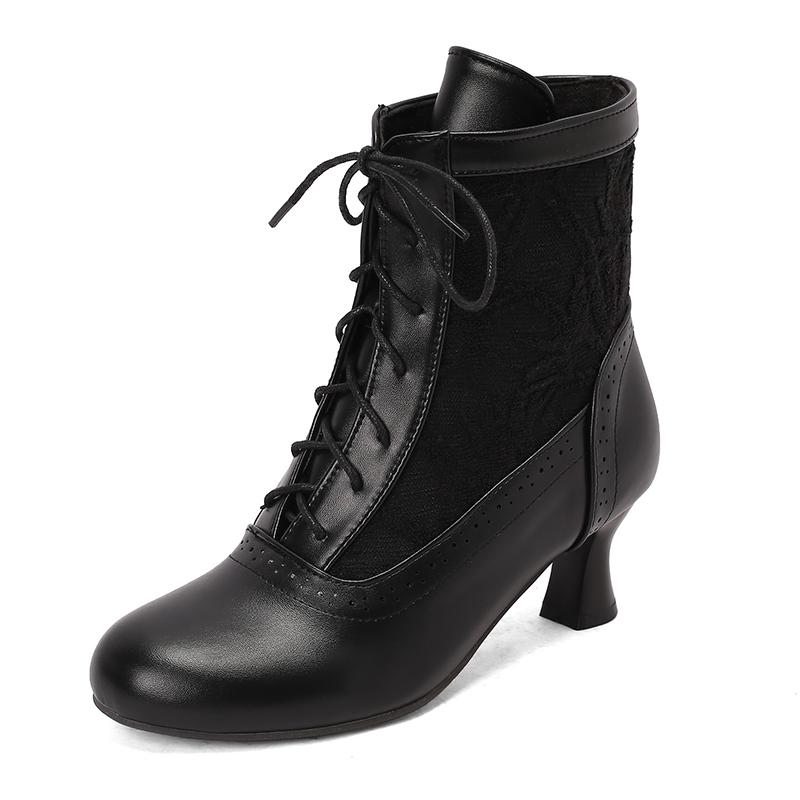 Fashion 2025 Women Victorian Pointed Toe Ankle Boots Leather Lace Hollow Out Punk Lace Up Strange Steampunk High Heel Shoes Size 34-46