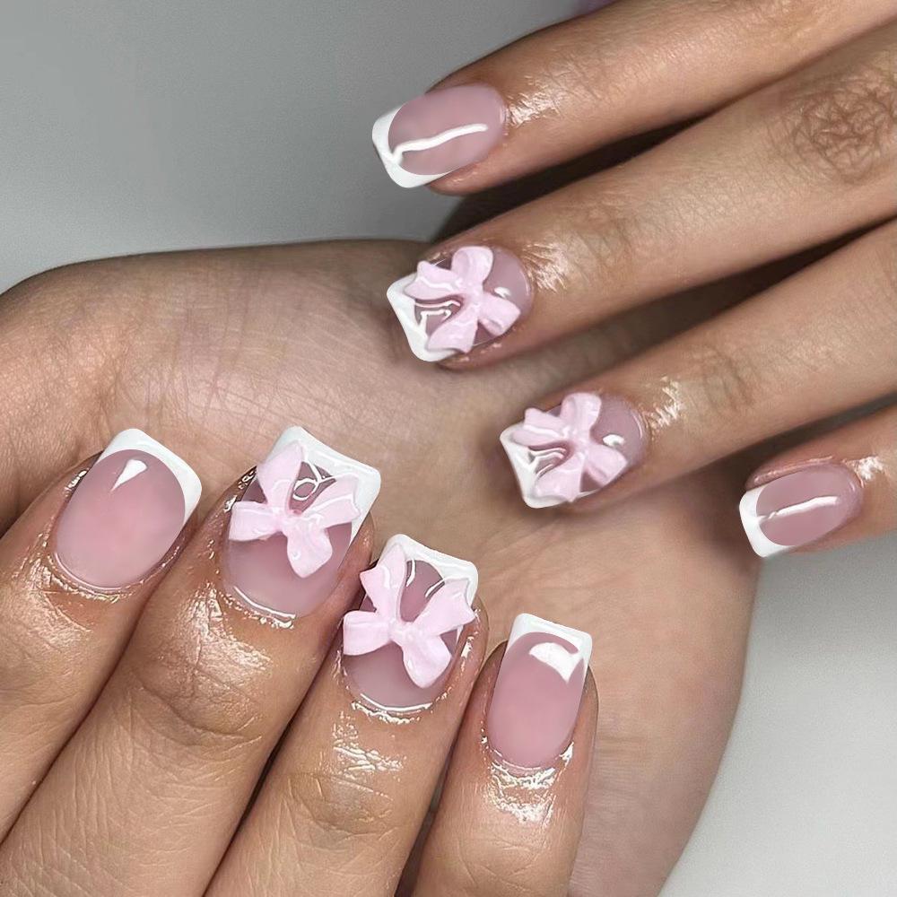 Glossy Black Square Nails with 3D Bows and Leopard Print – Versatile Daily Wear False Nails
