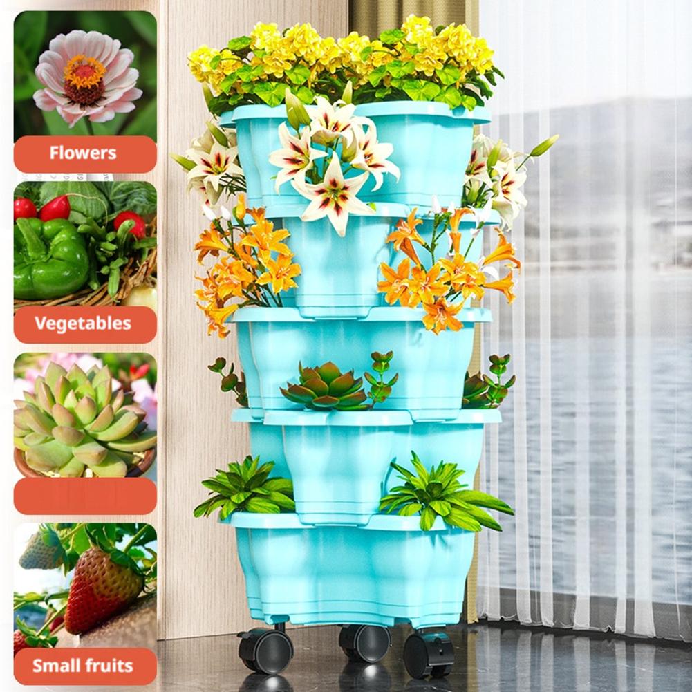 New Vertical Tower Stackable Multi-layer Plastic Flower Pot - 3 Petal 6-Tier Plant Flowerpot with Movable Caster For Home Garden