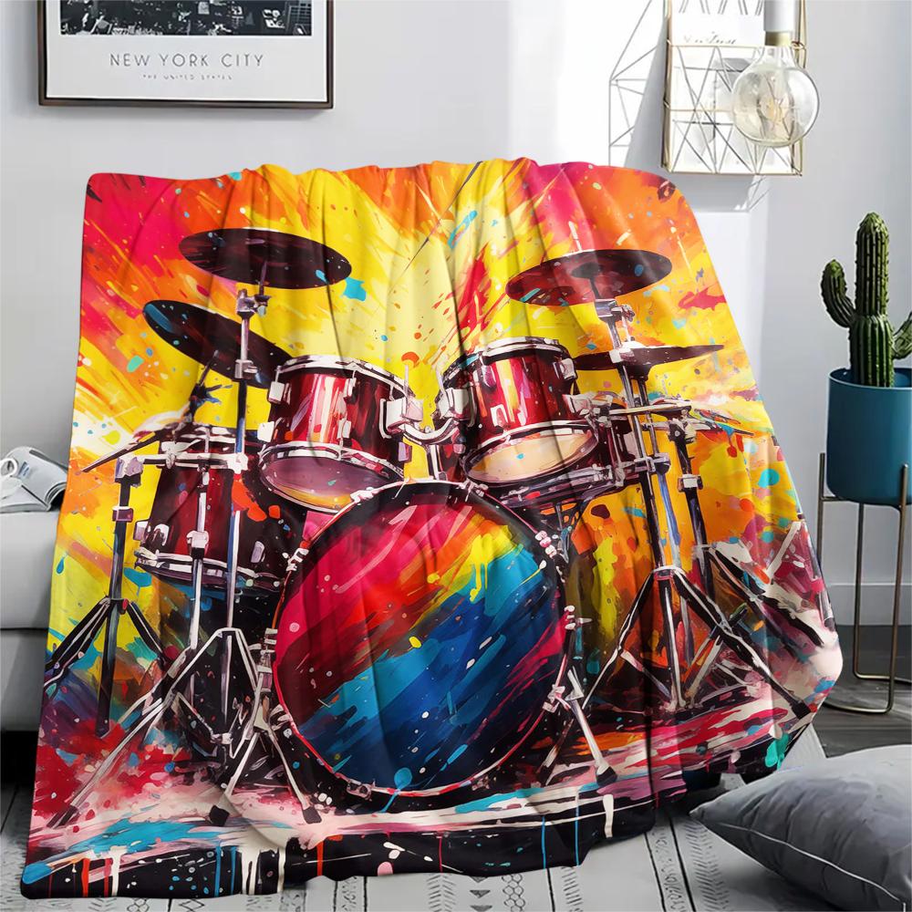 1Pc Drum Set Print Flannel Blanket, High Quality Comfortable for All Seasons, Home Decor, Warmth and Comfort, Perfect for Gifts