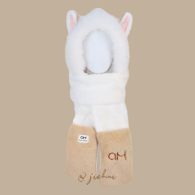 Hat Winter Fluffy Fire Fox Ears Warm Ski Scarf Gloves Integrated Hat Women's Thickened Three-piece Set