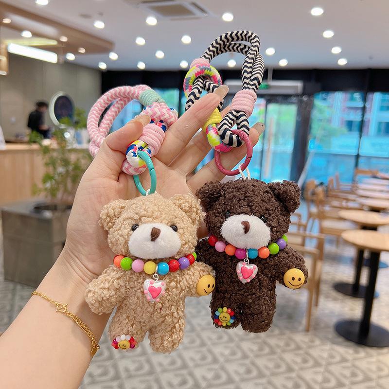 Cute Plush Bear Colorful Beaded Braided Wristlet Lanyard Cartoon Animal Bag Charm Car Jewelry Gift Bag Charm