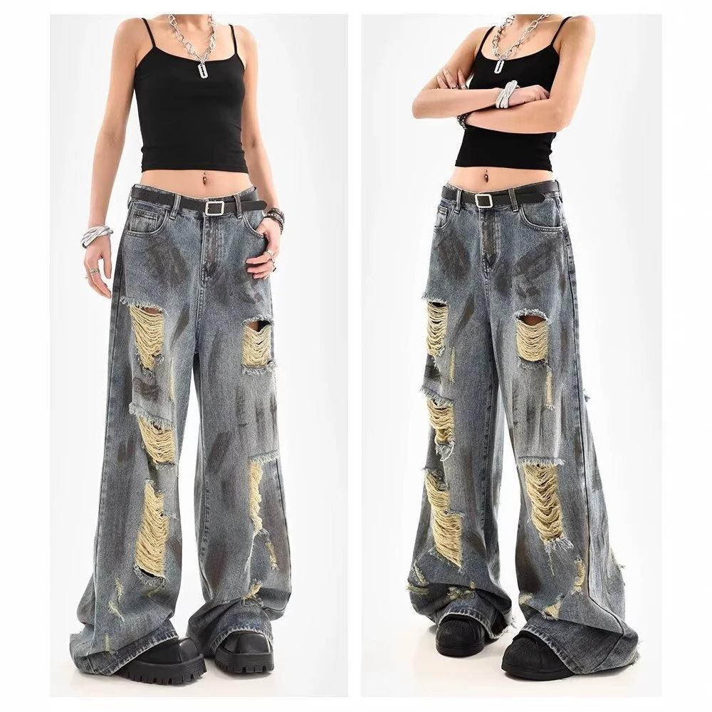 Summer thin retro old graffiti ripped jeans men and women design sense loose dirty wide leg pants trousers tide