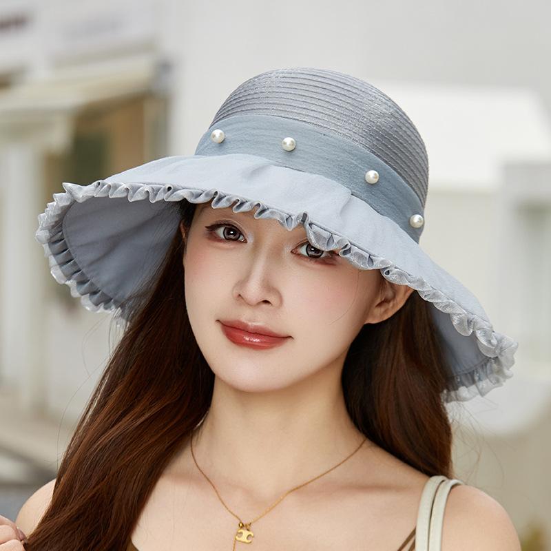 New eaves organza pearl bow mesh hat women's summer outdoor travel fashion versatile bucket hat