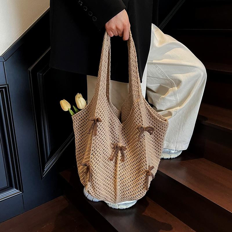 New Khaki Bow Vintage Knit Bag High Quality Woven Bag Large Capacity Daily Wear Shoulder Bag Ladies Hand Bags