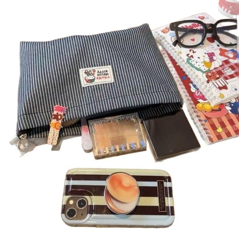 Striped Denim Cloth Makeup Bag Women's Ins Large Capacity Storage Bag Portable Travel Storage Toiletry Bag Cute Cartoon Multi Functional Cosmetic Bag