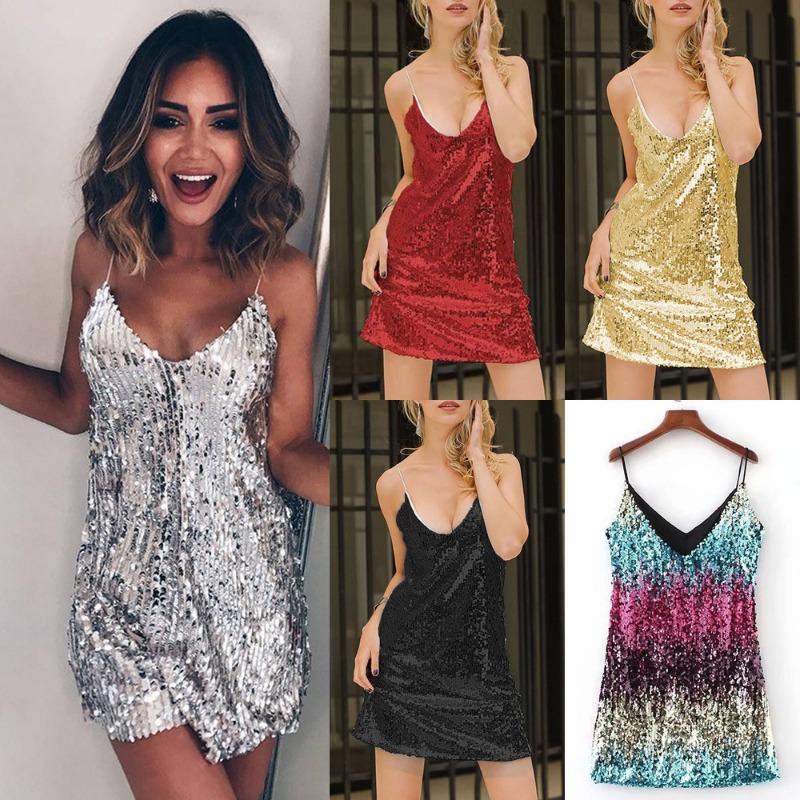 Female Sleeveless Sexy Sequin V-neck Camisole Short Skirt