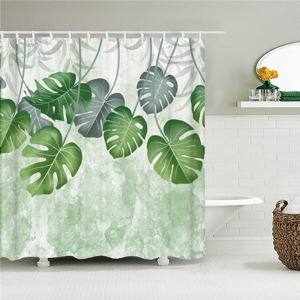 High Quality Green Plant leaves Fabric Shower Curtain Waterproof Monstera leaf Bath Curtains for Bathroom Decor with Hooks