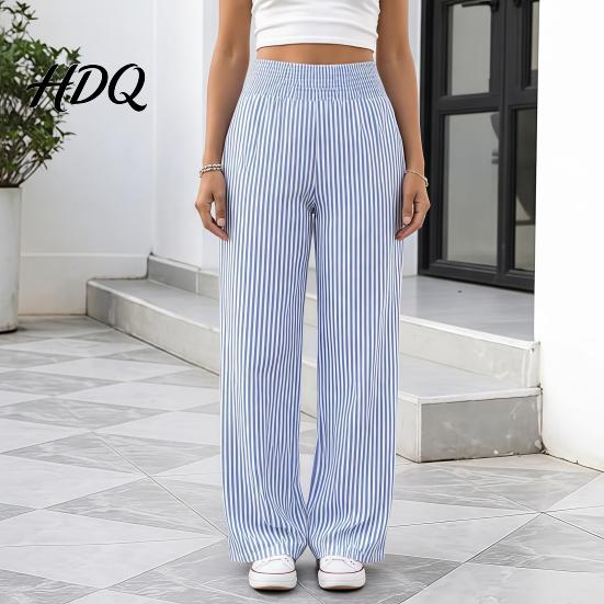Relaxed Fit Pants Women Striped Wide Leg Pants Summer Elastic Waist Casual Trousers Trousers Breathable Loose Palazzo with Pockets Soft Lounge