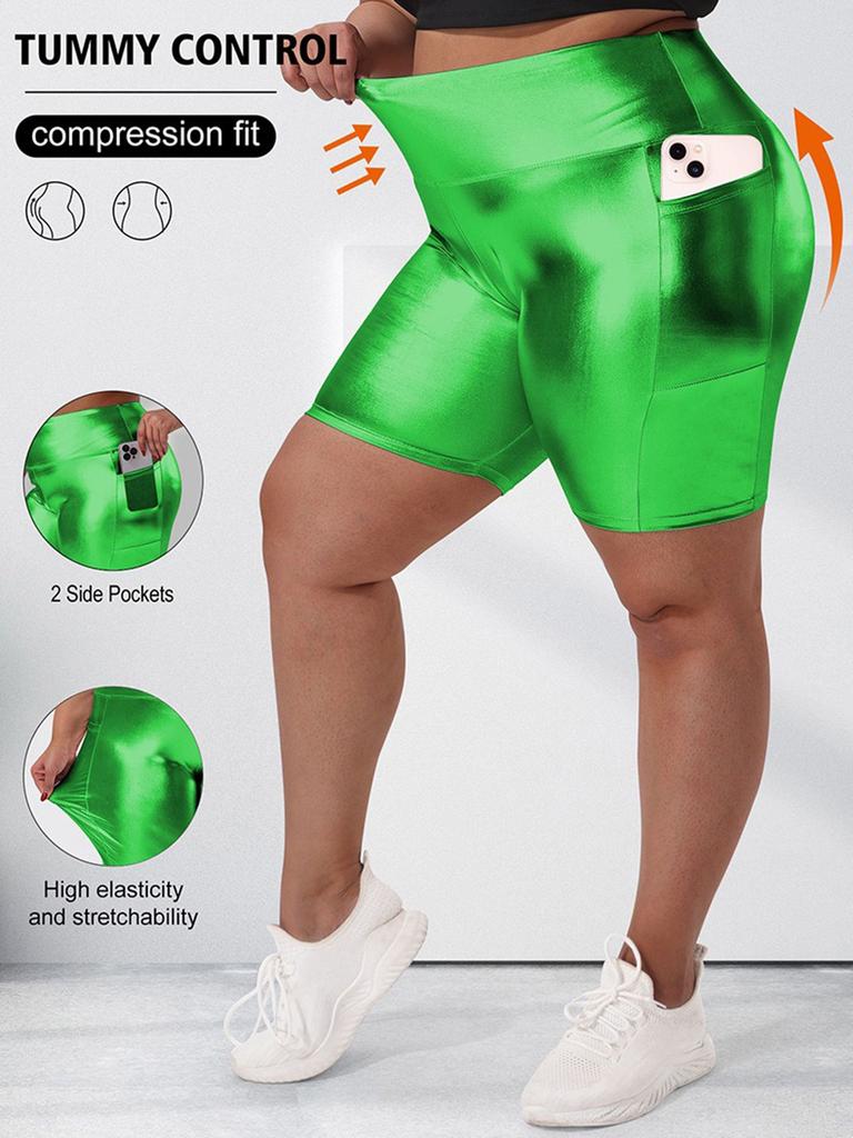 Women Large Size Foil-Stamped Shorts High Waist Shiny Metallic Elastic Shorts with Pocket