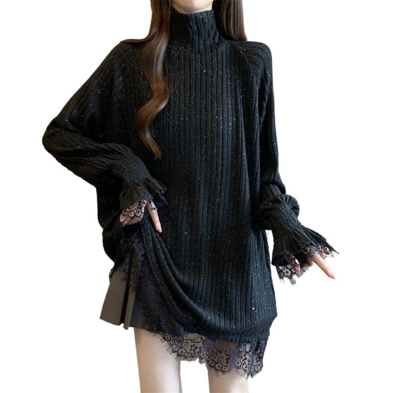 Women's Plus Size Retro Lace High-Neck Sequin Sweater - Autumn/Winter Hip-Length Base Layer