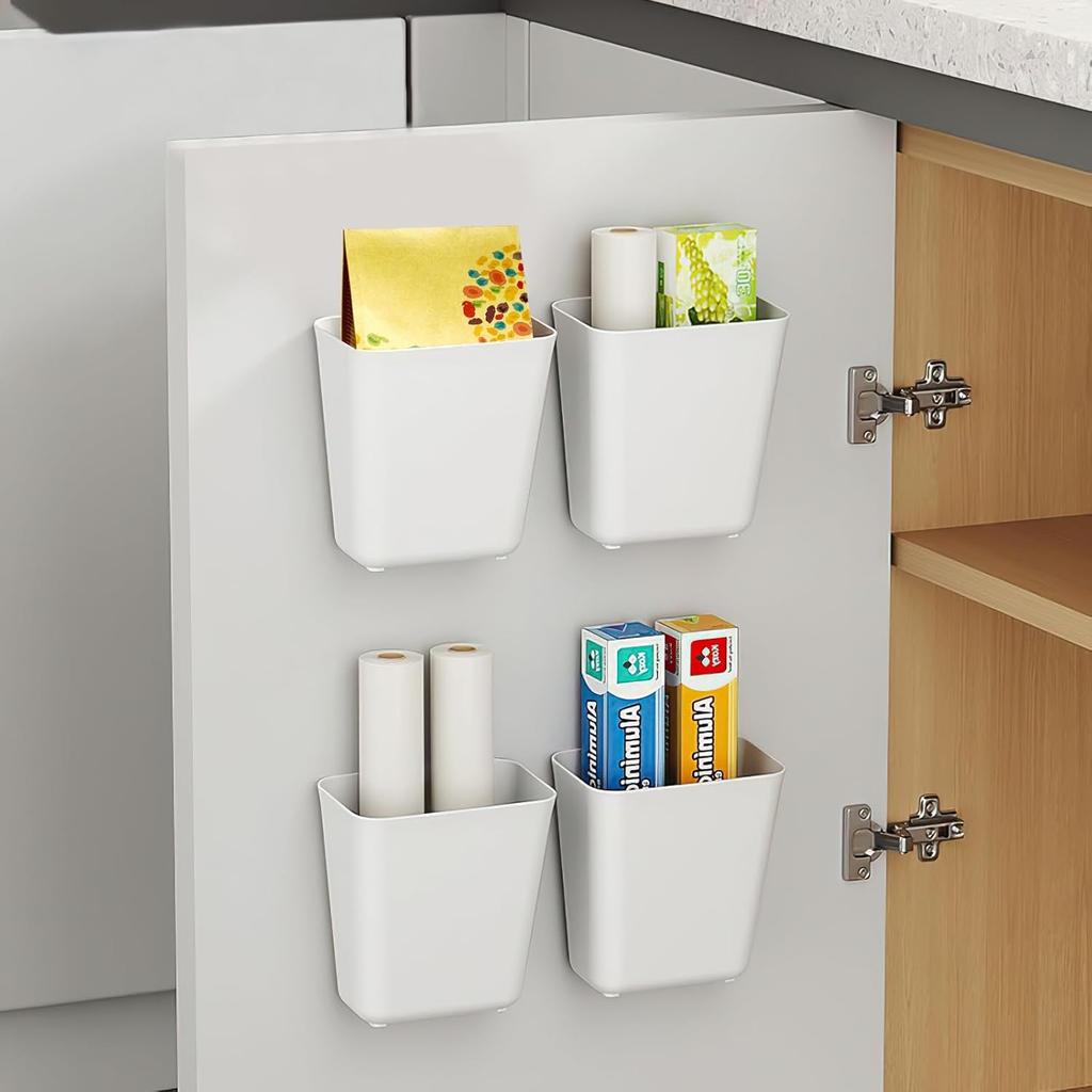 4 Pack Self-Adhesive Wall Mounted Storage Boxes, Kitchen Cabinet Door Storage Box Organiser, for Cupboard, Bathroom, Fridge Organiser Storage Box