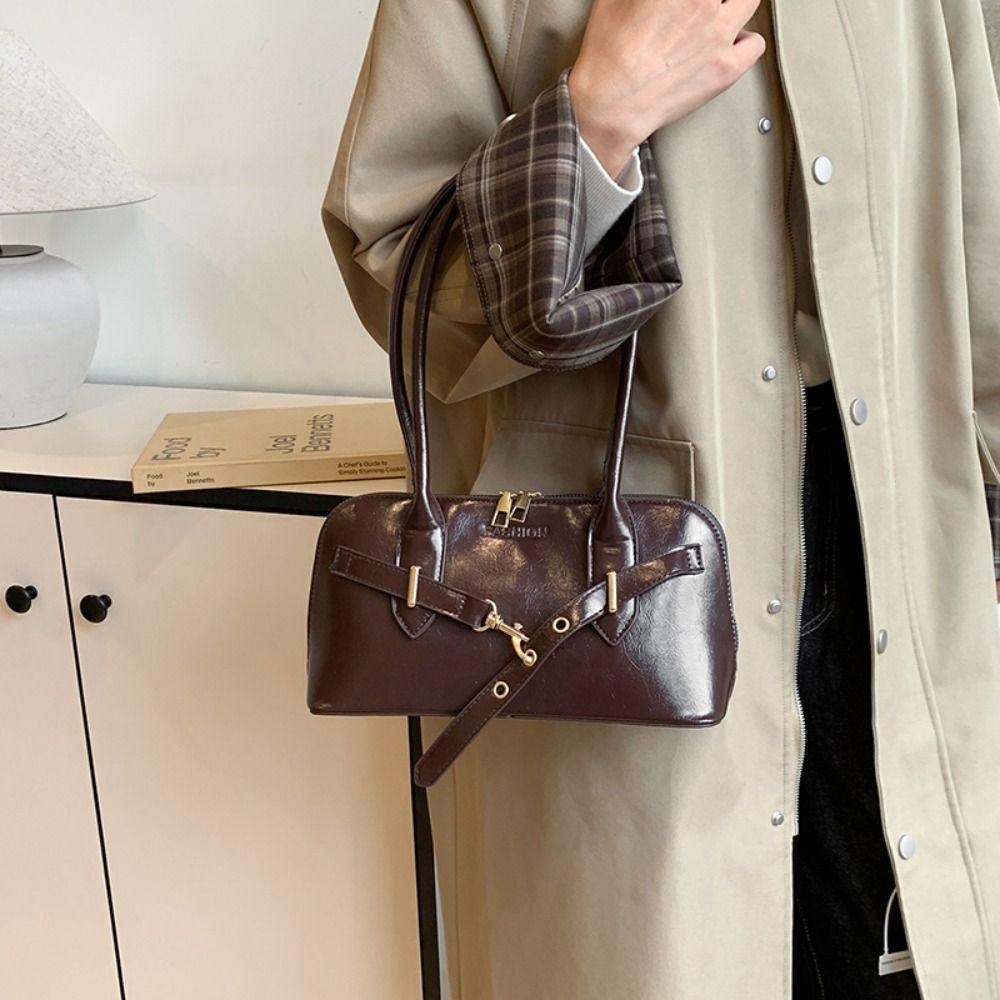 Korean Style Retro Shoulder Bag Solid Color Bowling Bag Fashionable Underarm Bag  Travel