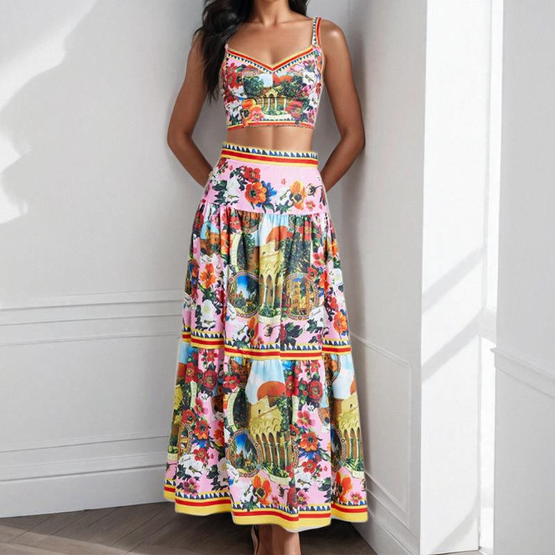 1116 Neue Sommerdamenbekleidung, Modeanzug, bedrucktes Schlauchoberteil, Trägeroberteil, High-Waist-Rockanzug.