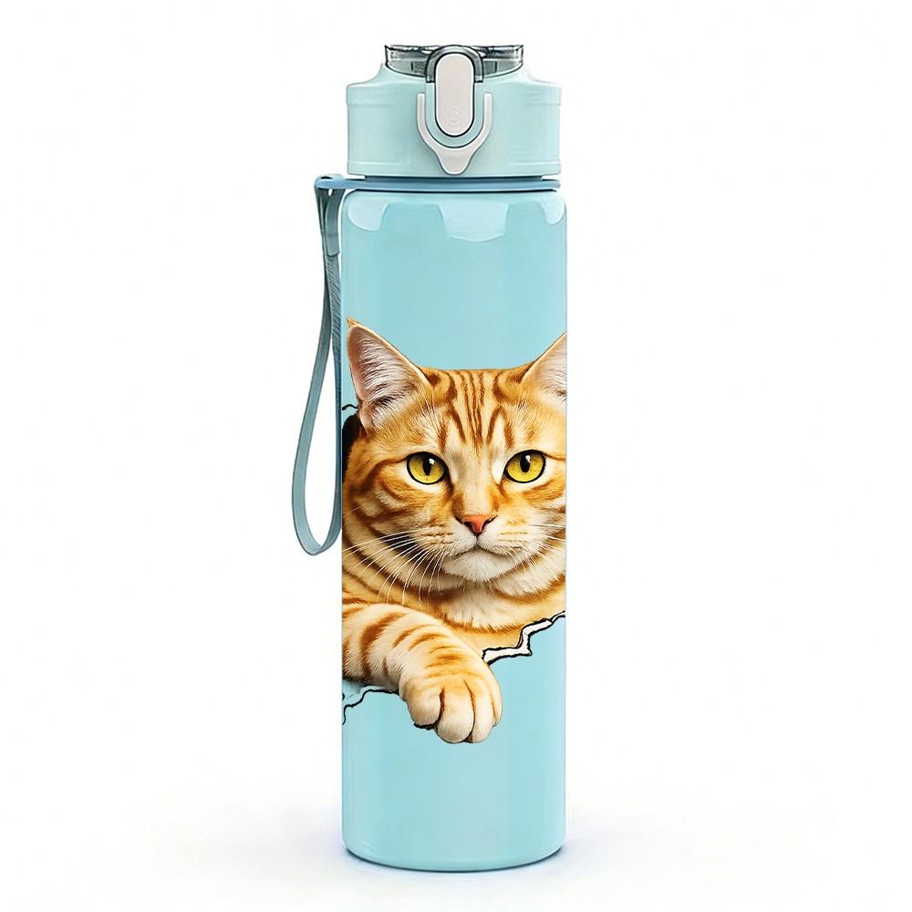 1PC Cat Head Tear Through Paper Print 750ml Color Plastic Sports Water Bottle Leakproof Flip Straw Lid Suitable for Sports Office Home Use