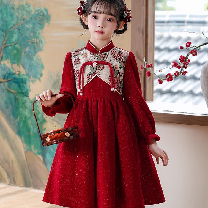 2024 Girls' Long-Sleeved Velvet Cheongsam - Red Chinese-Style Tang Dress