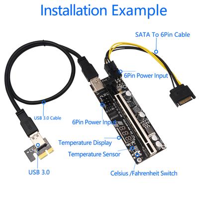 PCIE Riser 009S Plus, PCI E PCI Express X1 To X16 Riser with Two 6-pin Connectors for GPU Graphics Card, Bitcoin Miner, Mining with Temperature Sensor