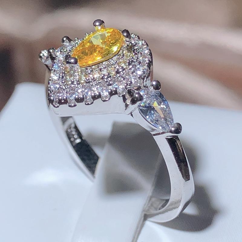 Classic Water Drop Yellow Zirconia Full Diamond Sparkle Ring Women Party Wedding 925 Stamp Fashion Jewelry Ladies Gift