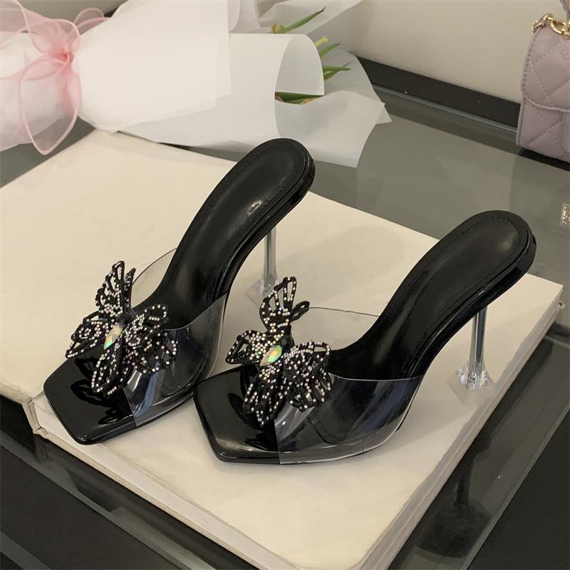 Fashion Eilyken 2025 Summer PVC Transparent Butterfly-knot Square Toe Woman Slippers Fashion Crystal High Heels Slide Shoes
