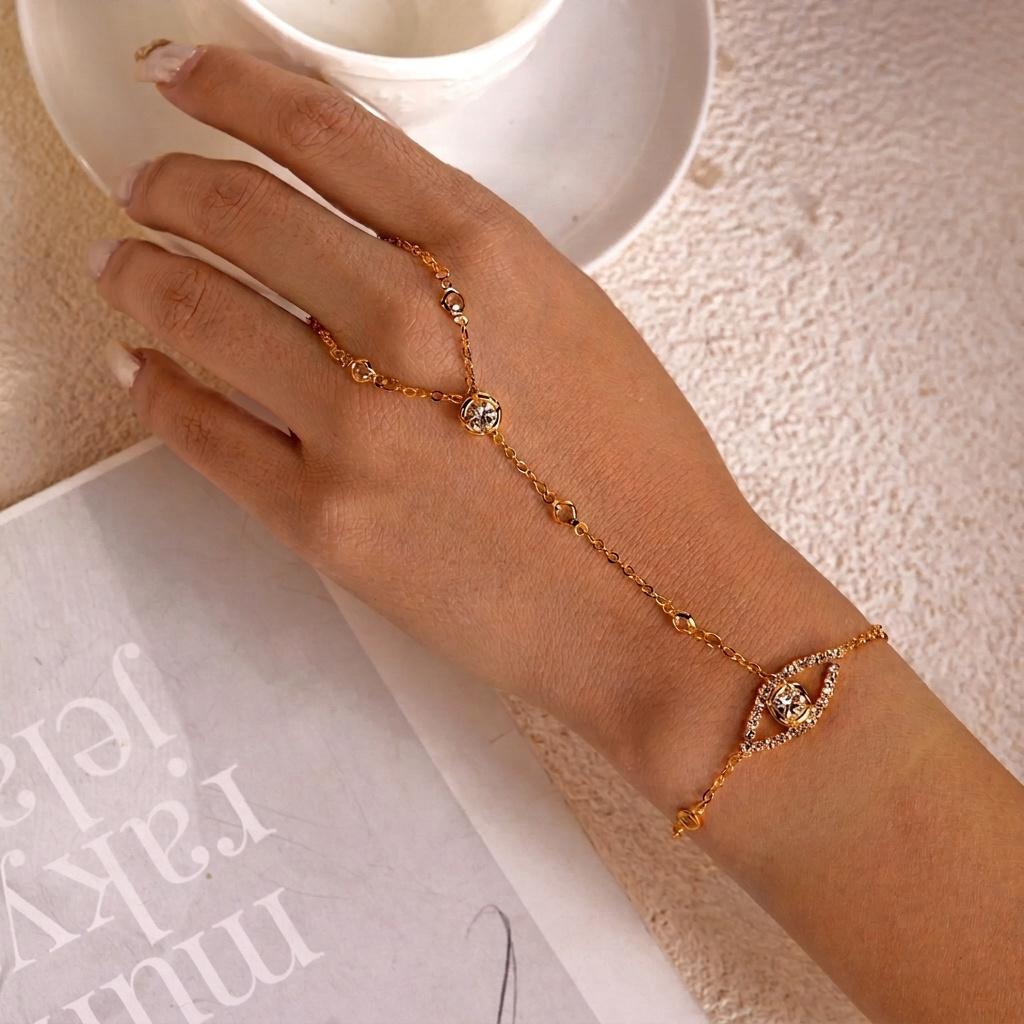 Vintage Gold Color Connected Finger Ring Bracelets for Women Shiny Crystal Zircon Evil Eye Link Chain Bracelets Party Jewelry