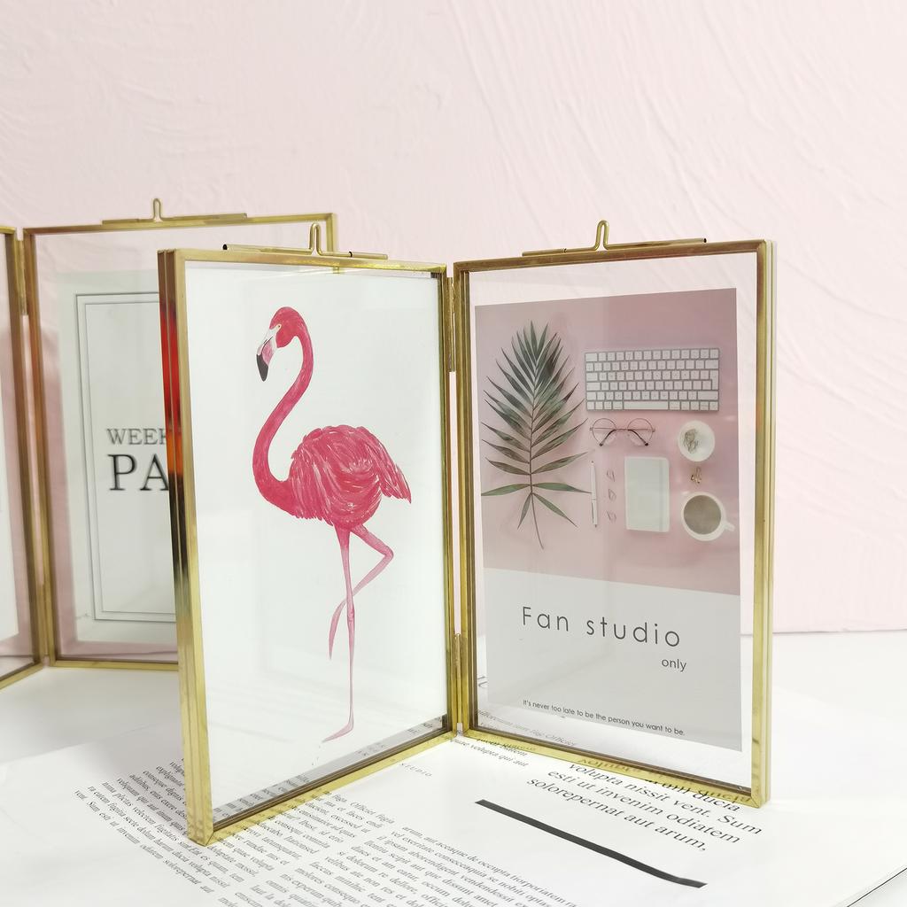 Vintage Gold Picture Frame Two Sided Photo Frames Display Holder with Chain Geometric Shape Decorative Photo Holder Stand